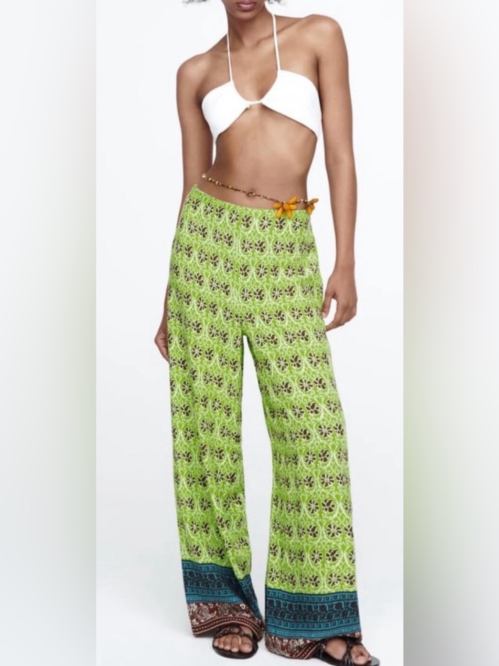 Zara boho printed Green Floral Wide Leg Pants